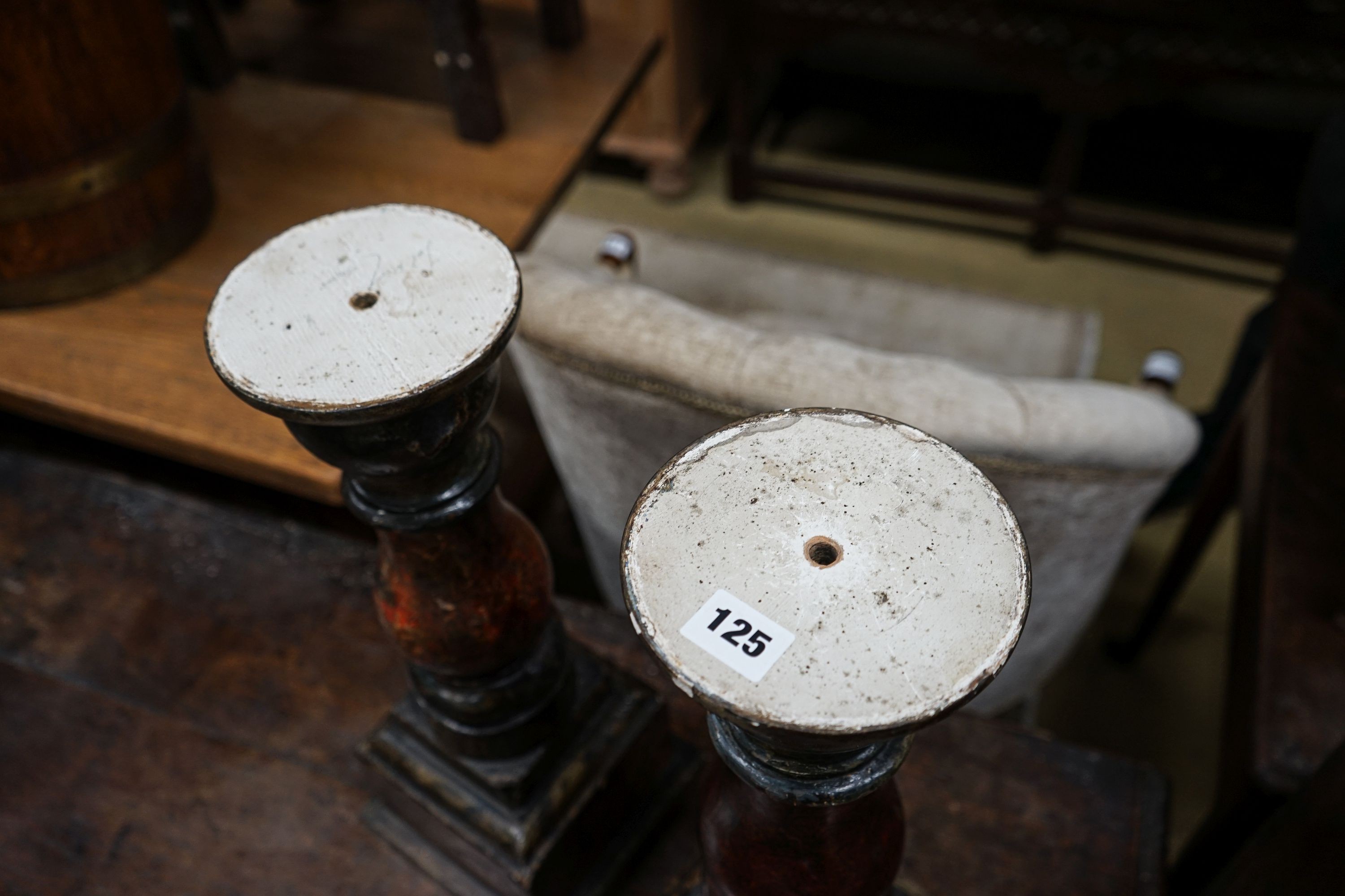 A pair of turned and painted wood lamp bases, height 51cm